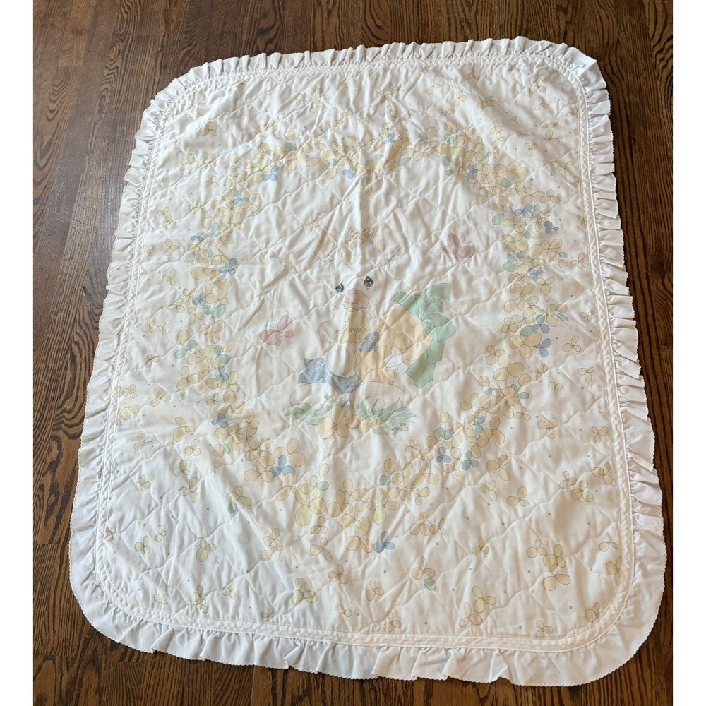 Vintage Precious Moments Bunny Baby Crib Blanket Quilt 37X48 90s White